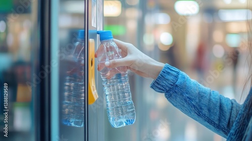 Woman taking bottled water from vending machine.