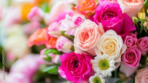 A bouquet of flowers with pink, white, and orange roses
