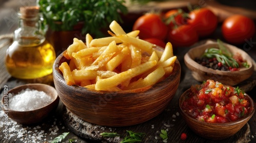 Golden, crispy French fries in a rustic wooden bowl paired with tangy tomato salsa, ideal for snacks or party gatherings.