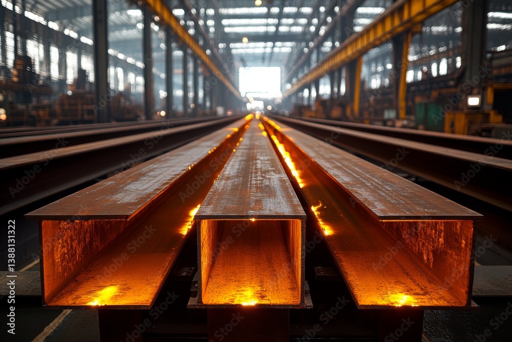 Fototapeta premium Symmetrical train station interior with orange lighting and platforms