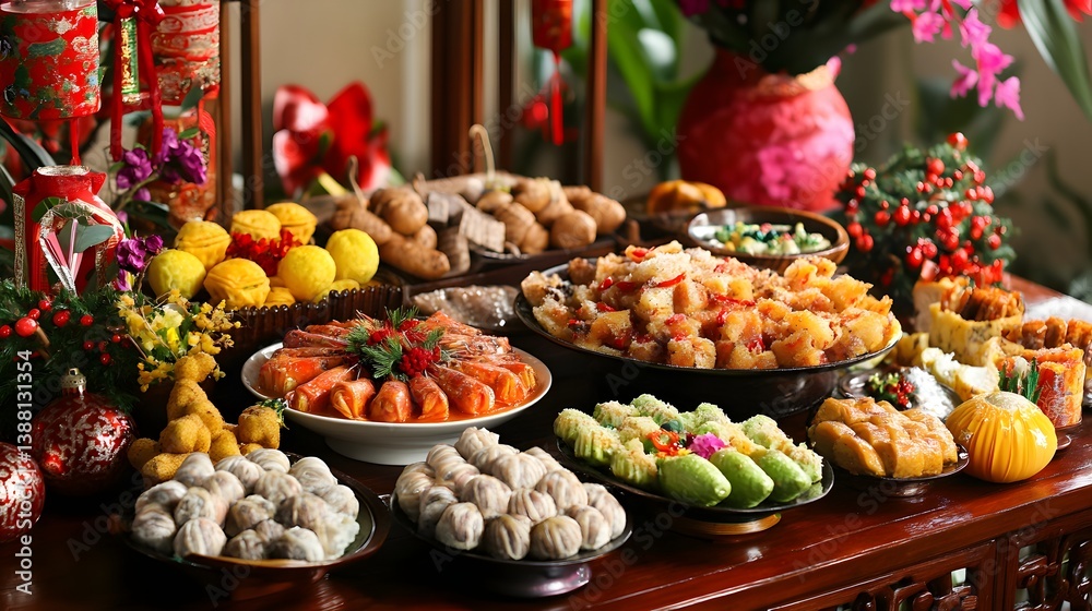A new year celebration table with traditional foods and colorful holiday decorations A new year celebration table with traditional foods and colorful holiday decorations
