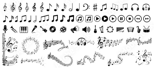 Music notes set icons, musical notes wave, clef, musical instruments and buttons