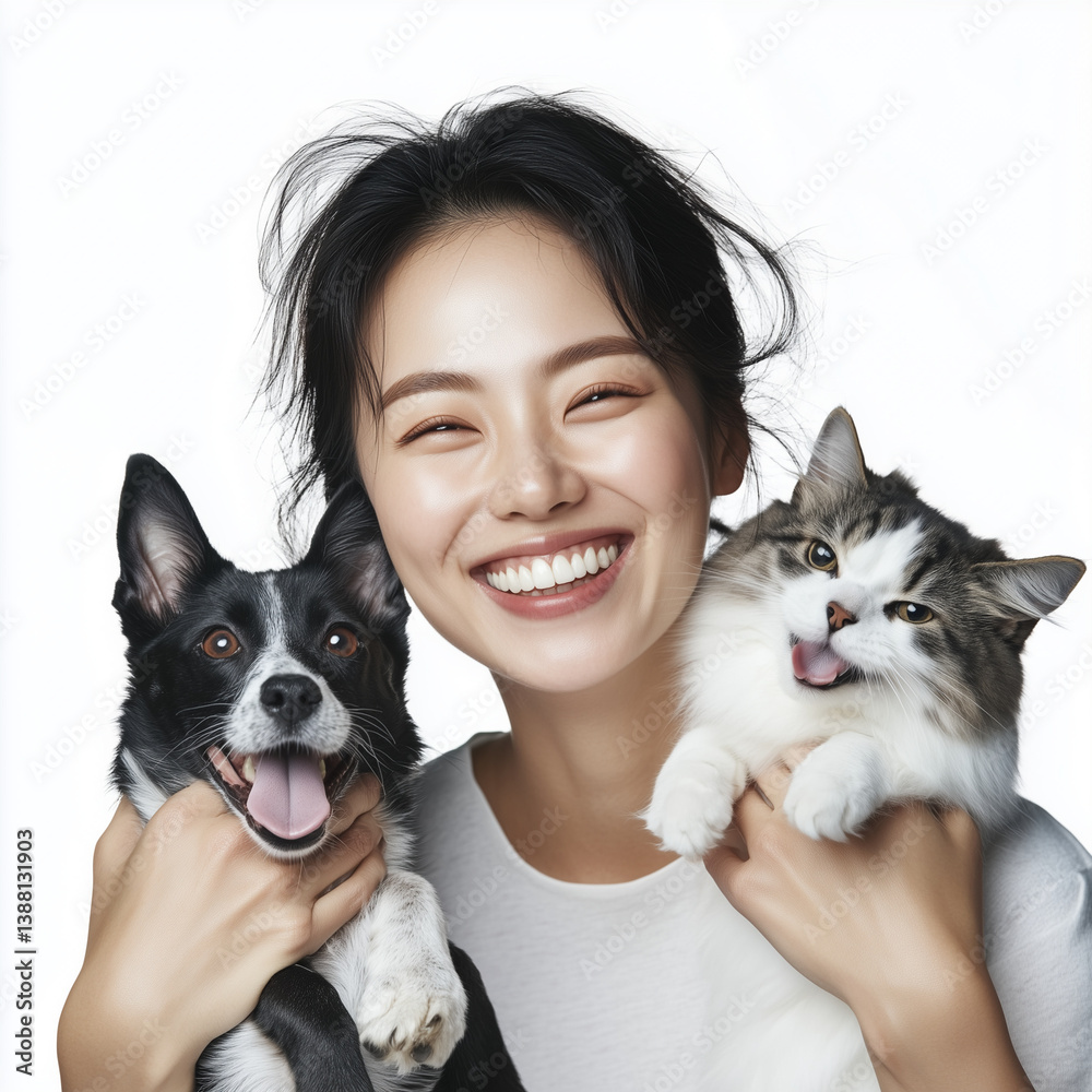 Cheerful female cuddling furry pet dog and cat, radiating joy while bonding together outdoors