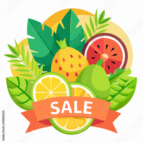 Tropical fruit sale banner featuring a colorful vector illustration of various tropical fruits.