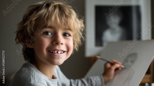 Young artist creating self-portrait, pencil in hand, expressing playful creativity near sunlit window