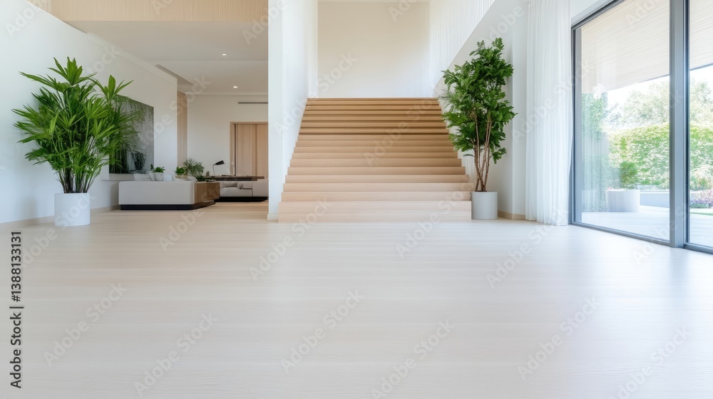 Obraz premium Modern, spacious foyer with wooden flooring and stairs. Open layout, bright, minimalist design, featuring potted plants, and a view of outdoor space