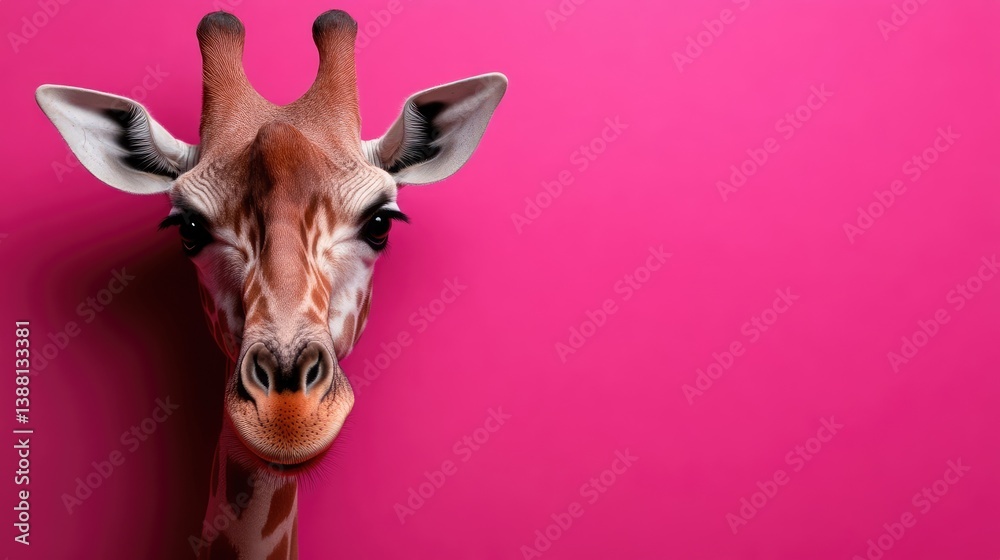 Naklejka premium Close-up of a giraffe's head and neck against a vibrant pink backdrop. Detailed close-up view of the giraffe's expressive face, showcasing its unique markings and attentive gaze.