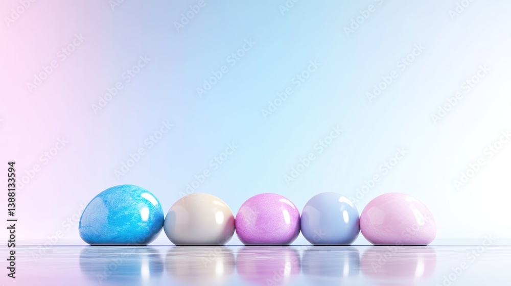 Five pastel-colored spheres rest on a reflective surface. They are arranged in a row, each a slightly different shade. The background is a soft, gradient blue and pink. The image is digitally render Five pastel-colored spheres rest on a reflective surface. They are arranged in a row, each a slightly different shade. The background is a soft, gradient blue and pink. The image is digitally render