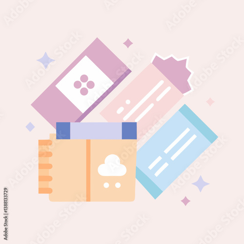 Shopping bags and crumpled paper arranged on a soft pink background, creating a vibrant and playful visual composition.