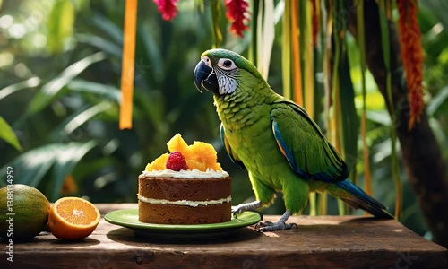 A vibrant green parrot enjoys a decorated cake in a lush, tropical setting.