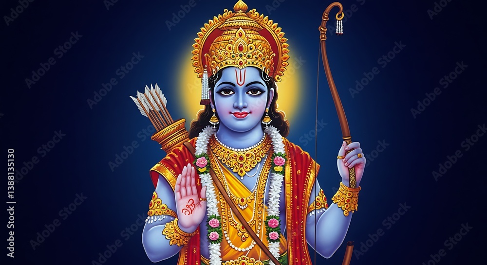 Fototapeta premium Illustration of Lord Rama with bow and arrow, Hindu deity with detailed ornamentation