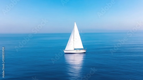 A sailboat with white sails glides across a deep blue ocean under a clear sky. The image is simple, featuring only the boat and the water. The resolution is high, showcasing fine details. The style