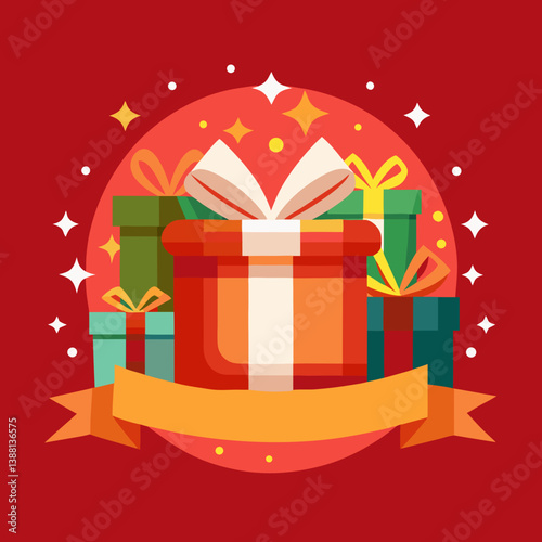 Colorful gift boxes adorned with ribbons and stars, set against a vibrant red background.