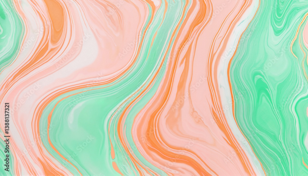Fototapeta premium Marble Texture in Spring Tones – Peach Veins on Seafoam Base with Glossy Liquid Flow Finish