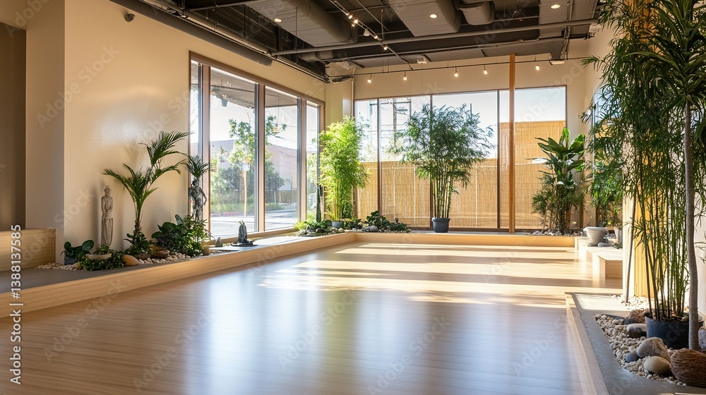 Fototapeta premium A serene yoga studio with floor-to-ceiling mirrors, bamboo floors, and soft lighting. Potted plants and a fountain create a calming environment.