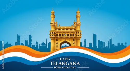 Telangana Formation Day Celebration with Charminar Monument and Skyline Depiction