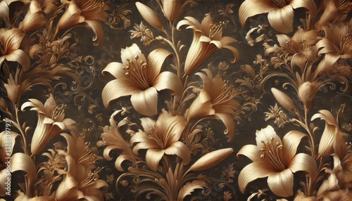 Elegant Seamless Floral Pattern with Golden Lilies on Dark Background – Luxurious Vintage Design for Wallpaper, Invitations, and Decorative Prints