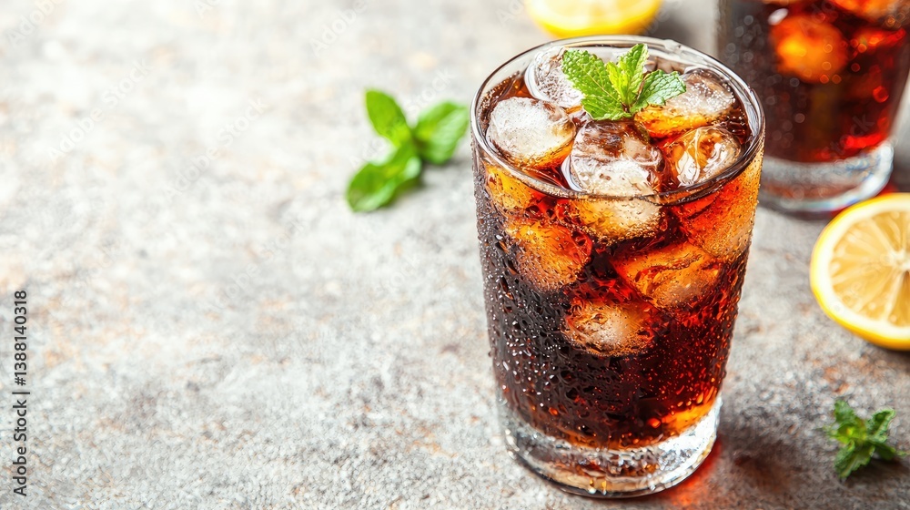 Refreshing cola drink with ice cubes, lemon slices, and mint served in a dewy glass on a grey stone background—ideal for drink ads, summer promotions, and cafe branding Refreshing cola drink with ice cubes, lemon slices, and mint served in a dewy glass on a grey stone background—ideal for drink ads, summer promotions, and cafe branding