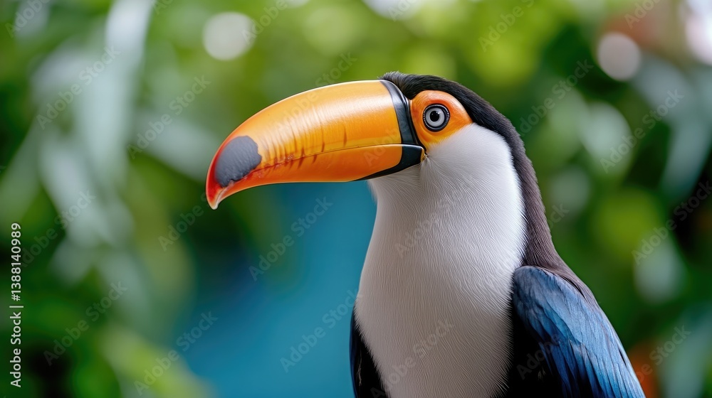 Naklejka premium Close-up of a toucan with vibrant colors. A striking bird with a large, bright orange beak. Set against a backdrop of lush green foliage and a teal background