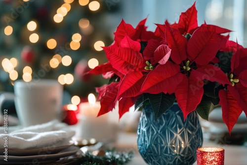 Red Poinsettias and Candle