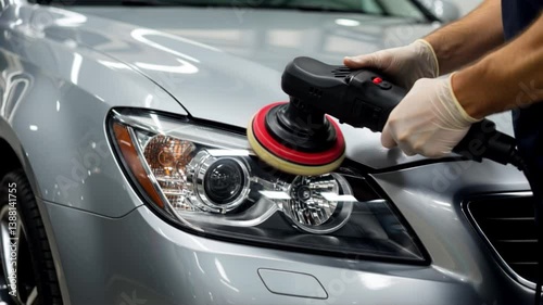 A person polishes the headlight of a silver car using a polishing machine