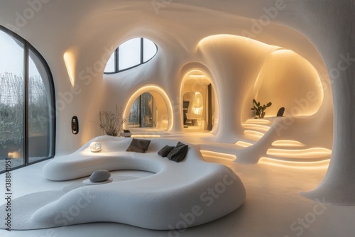 White futuristic interior of curved minimal house with soft lighting photo