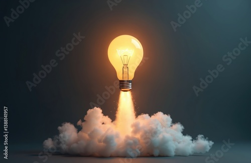 Creative light bulb rocket takes off from clouds on dark background. Concept of successful start up launch. Smart ideas, creative thinking in business. Innovation, progress in tech.