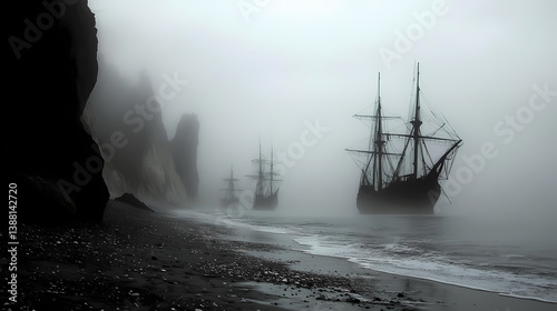 A fog-draped beach where phantom ships vanish into the misty horizon. phantom. illustration. Phantom Horizon. Illustration