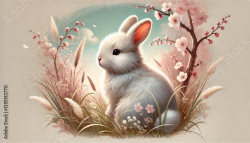 Adorable Bunny Illustration in Japanese Style – Soft Pastel Digital Art for Children’s Books, Decor, and Storytelling