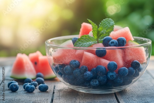 Fresh fruit salad with strawberries blueberries and watermelon in glass bowl