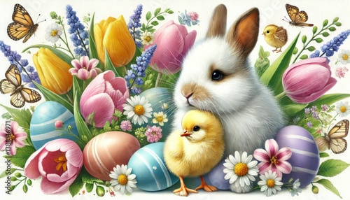 Watercolor Easter Illustration with Bunny, Chick, Colorful Eggs, and Spring Flowers – Hand-Painted Festive Artwork on White Background