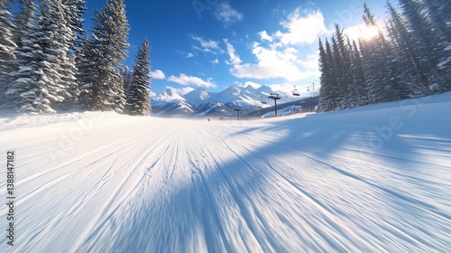 Speed Motion on Ski Run with Snowy Trees and Mountain View