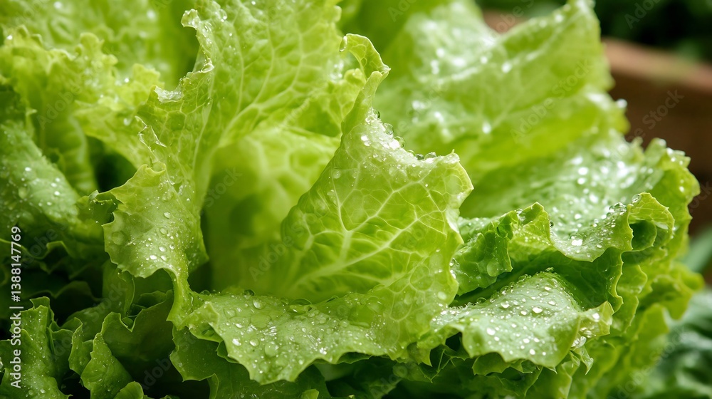 Close up of fresh lettuce leaves crisp ruffled edges and natural water droplets Close up of fresh lettuce leaves crisp ruffled edges and natural water droplets