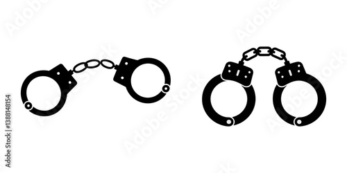 Handcuffs Icon set in black filled and line, Handcuff open and closed metallic jail cuffs with chain black icon set isometric vector illustration. Shackle punishment security lock criminal control.
