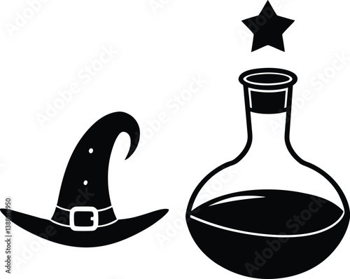 Witch Hat And Potion Bottle Vector Silhouette