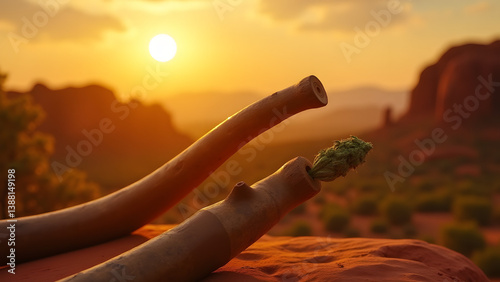 Hollowed stem didgeridoo with bud mouthpiece creating leaf pattern soundwaves at sunset.