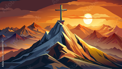 Mountain summit cross on alpine peak at sunset