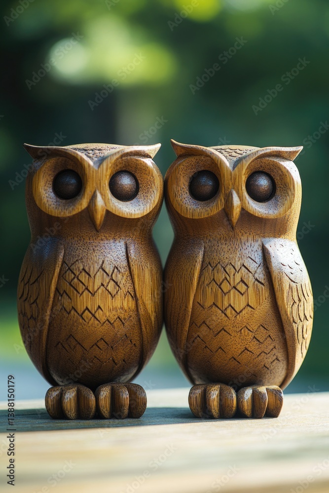Wooden Owl Figurines on Table