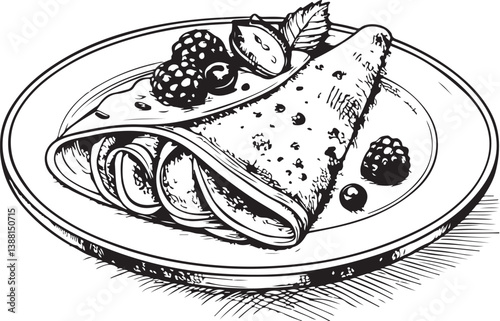 Crêpe Crêpes French Pancakes on Plate Black and White Vector Illustration, Sketch Drawing Line Linear Engraving, Hand-drawn Isolated Symbol Icon