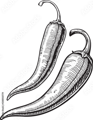 Chili Peppers Jalapeños Hot Spicy Two Black and White Vector Illustration, Sketch Drawing Line Linear Engraving, Hand-drawn Isolated Symbol Icon