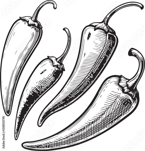 Several Chili Peppers Jalapeño Hot Spicy Black and White Vector Illustration, Sketch Drawing Line Linear Engraving, Hand-drawn Isolated Symbol Icon