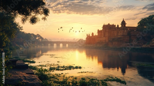 A tranquil view of Talatal Ghar during the golden hour
