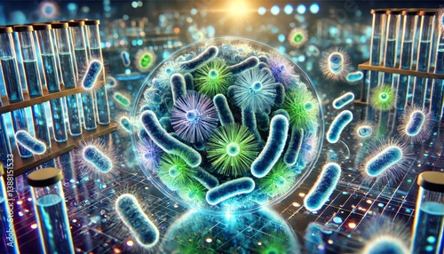 Futuristic Microbe Amplification – Scientific Visualization of Microbial Growth and Bioluminescent Expansion in a High-Tech Laboratory