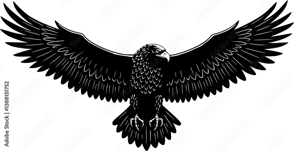 Obraz premium Eagle in flight, majestic spread wings, black and white illustration, sharp beak, powerful talons, detailed feathers, bold contrast, dynamic pose, tribal art style, silhouette effect, 