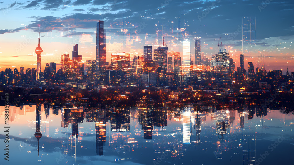 Fototapeta premium A parallel universe city overlaying a real-world urban environment, visible through glowing glitches. Phantom Horizon. Illustration