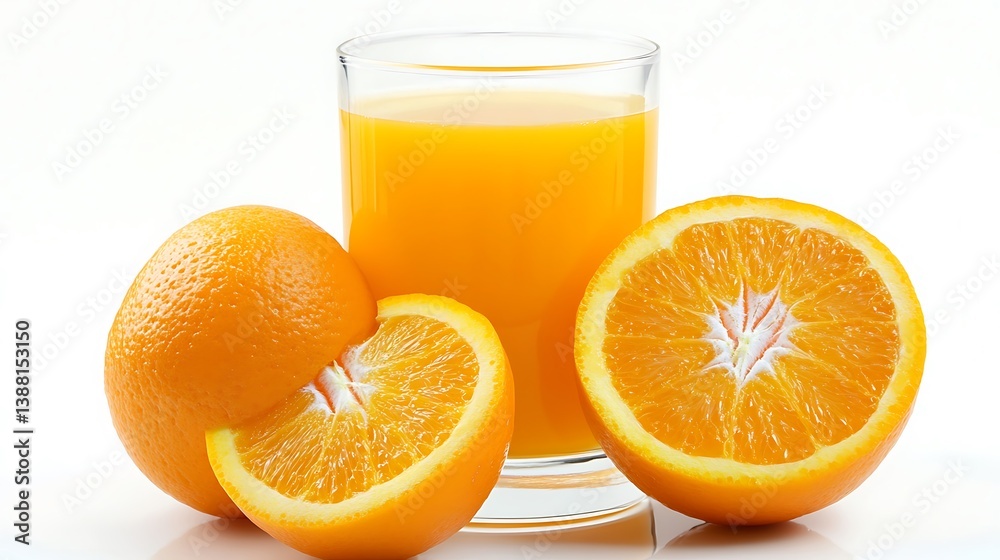 A glass of orange juice with whole and sliced oranges on a white surface A glass of orange juice with whole and sliced oranges on a white surface