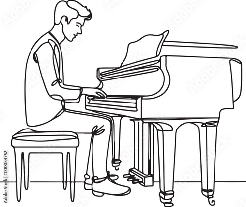 Happy Male Pianist Line Drawing Vector