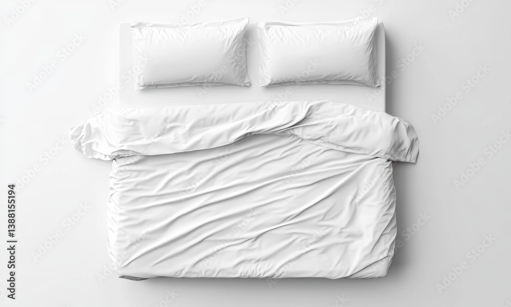 Obraz premium Cozy White Bedding: An overhead view of a neatly arranged bed features crisp white sheets and pillows, creating a serene atmosphere.