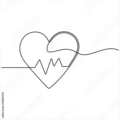 Single continuous line drawing of heart beat pulse simple heartbeat pulse line art style vector illustration