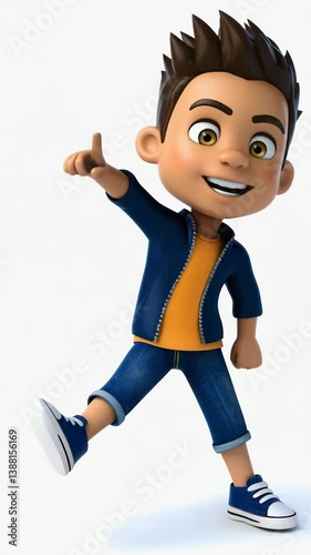 Joyful boy animated character dancing in casual clothing with spiky hair and vibrant style.